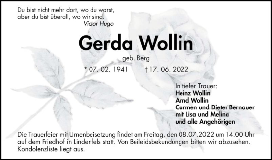 Traueranzeige von Gerda Wollin von Bergsträßer Anzeiger