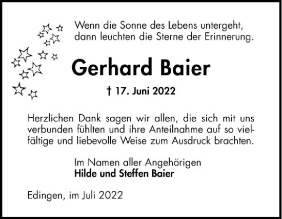 Traueranzeige von Gerhard Baier von Mannheimer Morgen