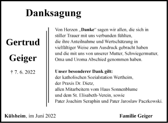 Traueranzeige von Gertrud Geiger von Fränkische Nachrichten