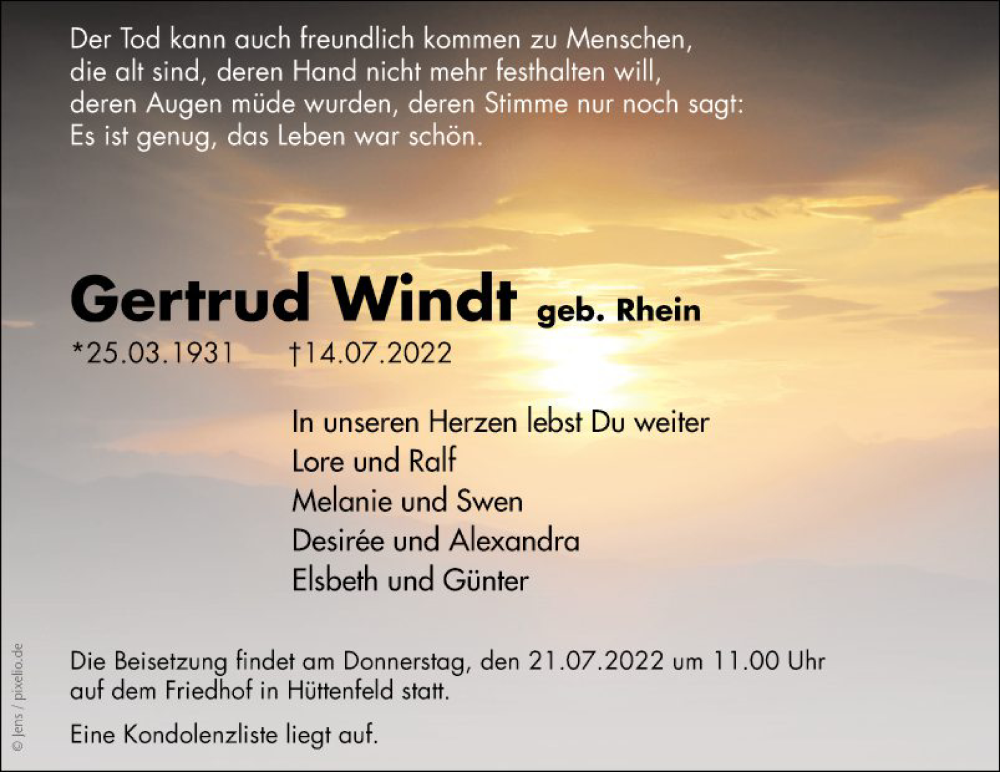  Traueranzeige für Gertrud Windt vom 19.07.2022 aus Mannheimer Morgen