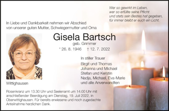 Traueranzeige von Gisela Bartsch von Fränkische Nachrichten