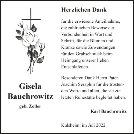 Traueranzeige von Gisela Bauchrowitz von Fränkische Nachrichten