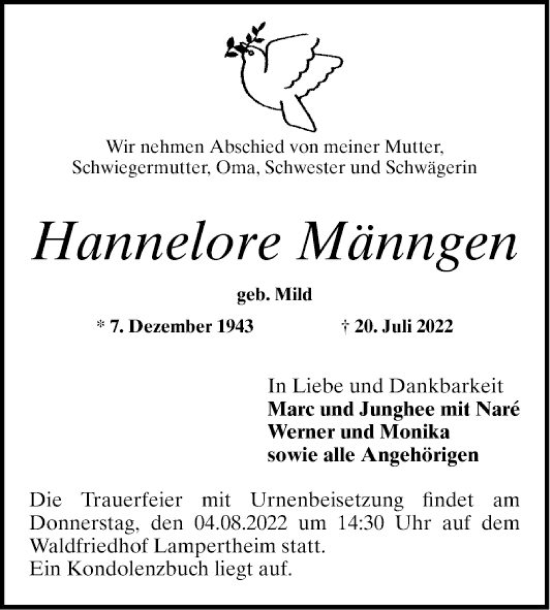 Traueranzeige von Hannelore Männgen von Mannheimer Morgen