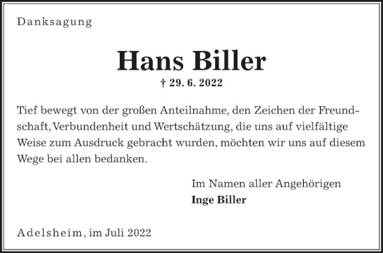 Traueranzeige von Hans Biller von Fränkische Nachrichten