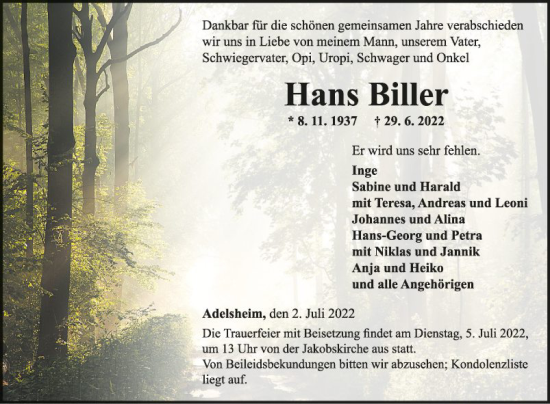 Traueranzeige von Hans Biller von Fränkische Nachrichten