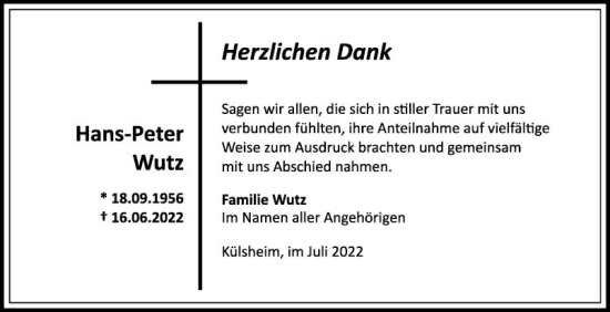 Traueranzeige von Hans-Peter Wutz von Fränkische Nachrichten