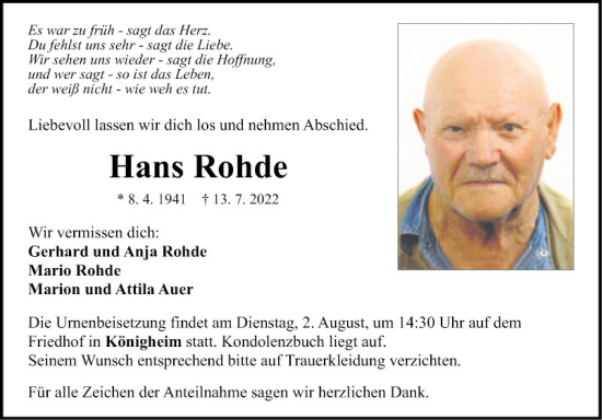 Traueranzeige von Hans Rohde von Fränkische Nachrichten