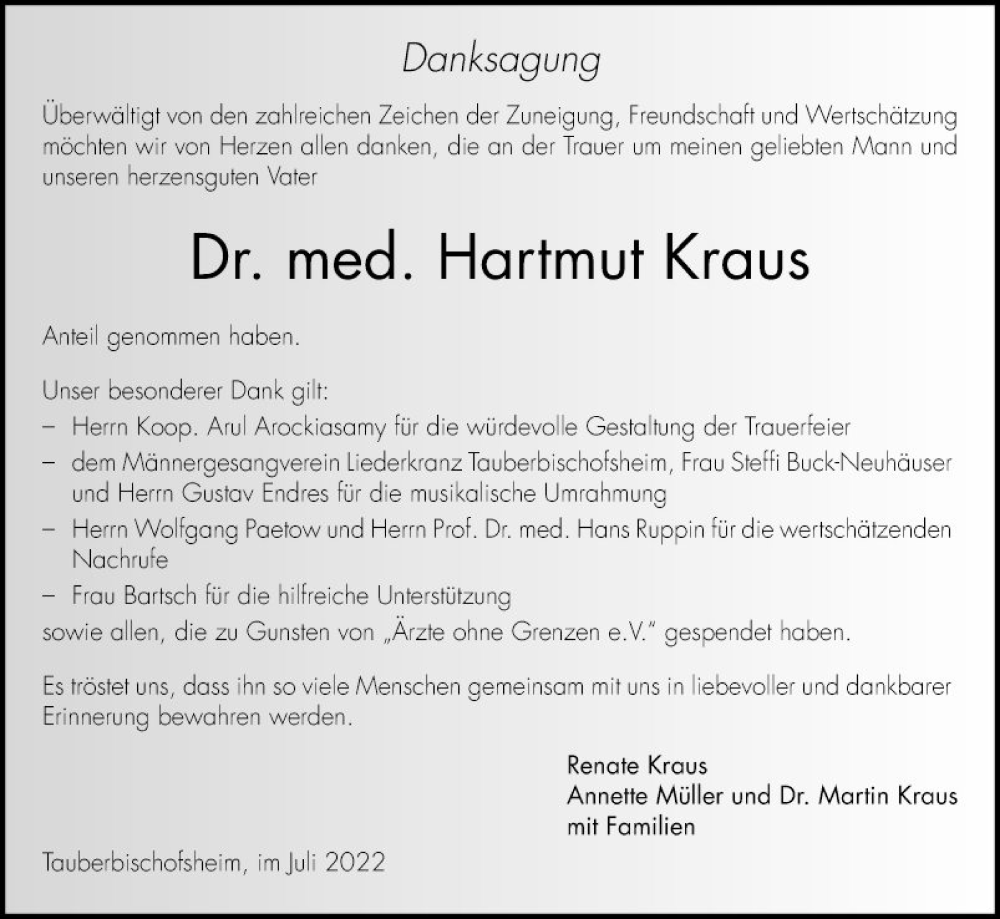  Traueranzeige für Hartmut Kraus vom 23.07.2022 aus Fränkische Nachrichten