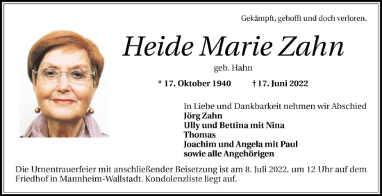 Traueranzeige von Heide Marie Zahn von Mannheimer Morgen