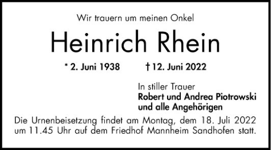 Traueranzeige von Heinrich Rhein von Mannheimer Morgen