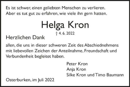 Traueranzeige von Helga Kron von Fränkische Nachrichten