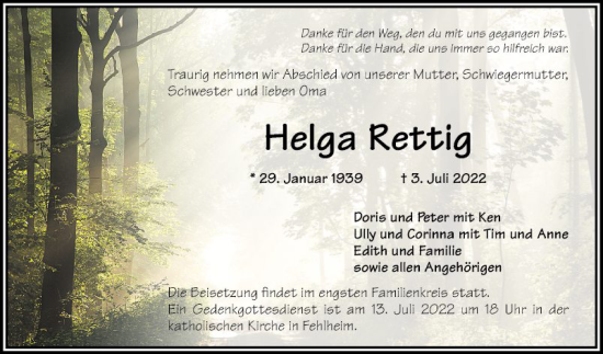 Traueranzeige von Helga Rettig von Bergsträßer Anzeiger