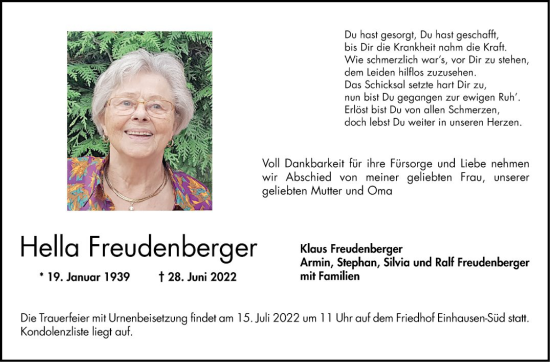 Traueranzeige von Hella Freudenberger von Bergsträßer Anzeiger