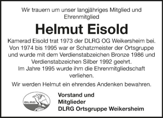 Traueranzeige von Helmut Eisold von Fränkische Nachrichten