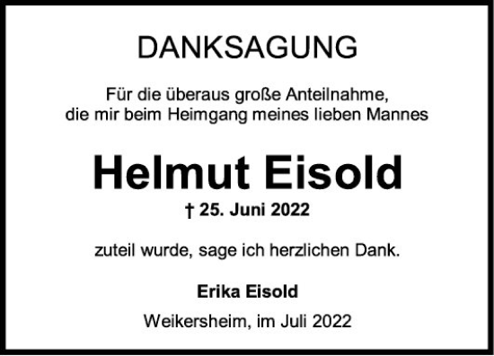 Traueranzeige von Helmut Eisold von Fränkische Nachrichten