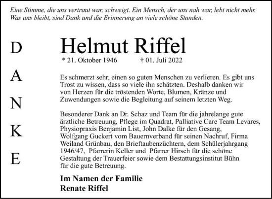 Traueranzeige von Helmut Riffel von Mannheimer Morgen