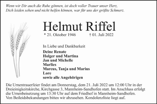 Traueranzeige von Helmut Riffel von Mannheimer Morgen