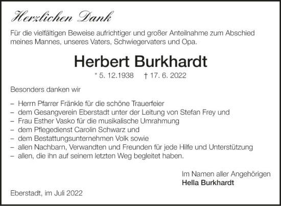 Traueranzeige von Herbert Burkhardt von Fränkische Nachrichten