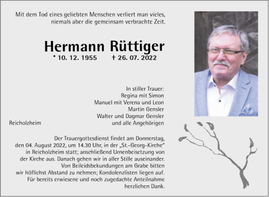 Traueranzeige von Hermann Rüttiger von Fränkische Nachrichten