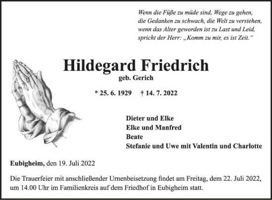 Traueranzeige von Hildegard Friedrich von Fränkische Nachrichten