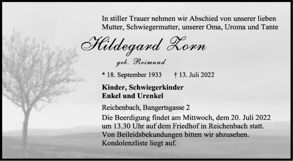  Traueranzeige für Hildegard Zorn vom 16.07.2022 aus Bergsträßer Anzeiger