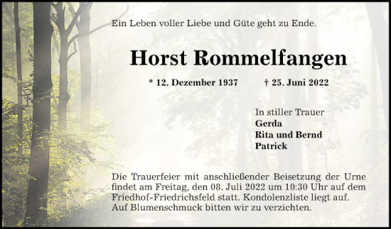 Traueranzeige von Horst Rommelfangen von Mannheimer Morgen