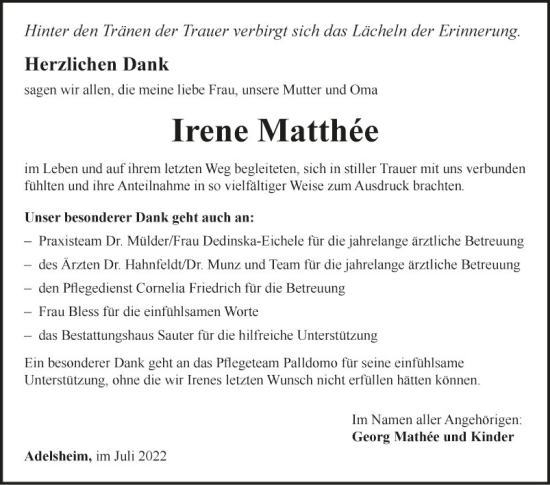 Traueranzeige von Irene Mathée von Fränkische Nachrichten