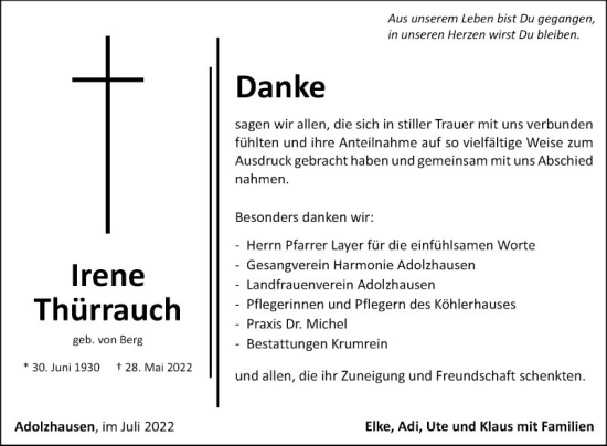 Traueranzeige von Irene Thürrauch von Fränkische Nachrichten