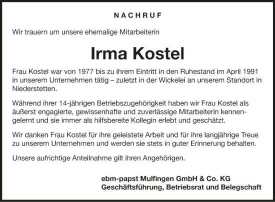 Traueranzeige von Irma Kostel von Fränkische Nachrichten