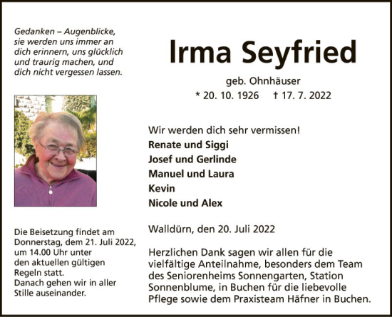 Traueranzeige von Irma Seyfried von Fränkische Nachrichten