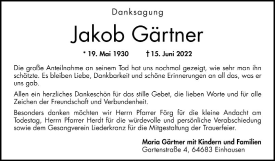 Traueranzeige von Jakob Gärtner von Bergsträßer Anzeiger