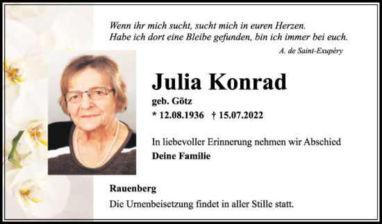 Traueranzeige von Julia Konrad von Fränkische Nachrichten