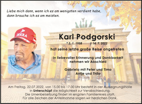 Traueranzeige von Karl Podgorski von Fränkische Nachrichten