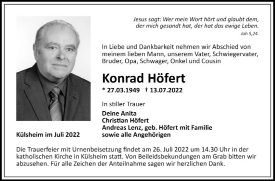 Traueranzeige von Konrad Höfert von Fränkische Nachrichten