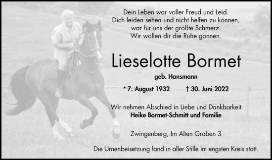 Traueranzeige von Lieselotte Bormet von Bergsträßer Anzeiger