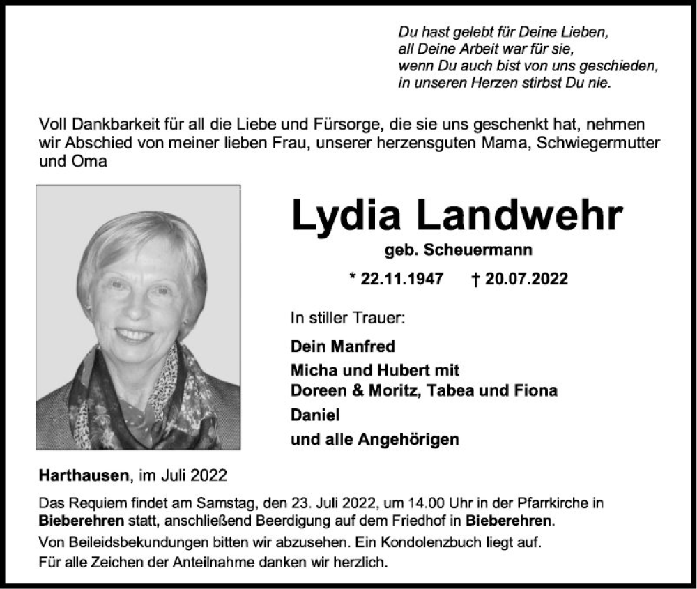 Traueranzeige für Lydia Landwehr vom 22.07.2022 aus Fränkische Nachrichten