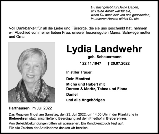 Traueranzeige von Lydia Landwehr von Fränkische Nachrichten