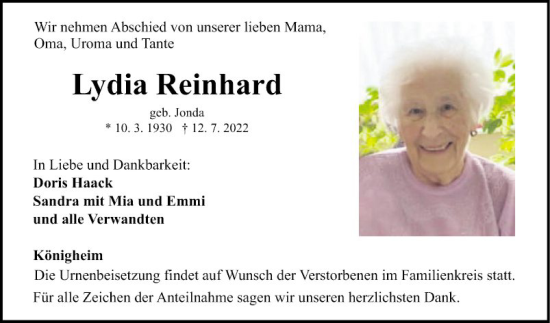 Traueranzeige von Lydia Reinhard von Fränkische Nachrichten