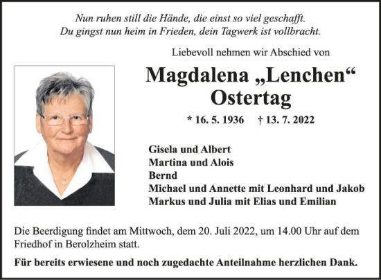 Traueranzeige von Magdalena Ostertag von Fränkische Nachrichten