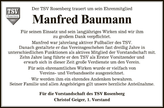 Traueranzeige von Manfred Baumann von Fränkische Nachrichten