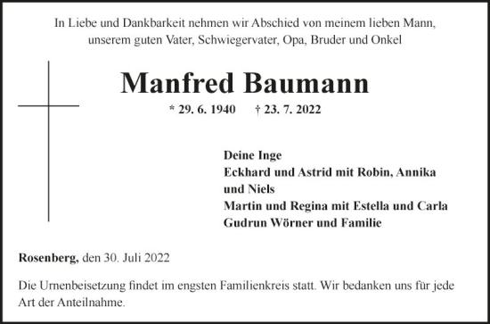 Traueranzeige von Manfred Baumann von Fränkische Nachrichten