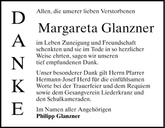 Traueranzeige von Margareta Glanzner von Bergsträßer Anzeiger