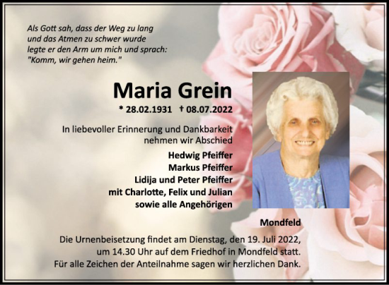 Traueranzeige von Maria Grein von Fränkische Nachrichten