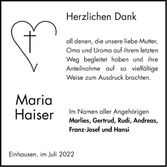 Traueranzeige von Maria Haiser von Bergsträßer Anzeiger