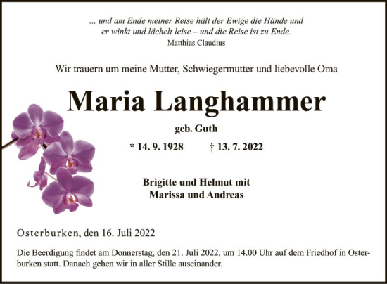 Traueranzeige von Maria Langhammer von Fränkische Nachrichten