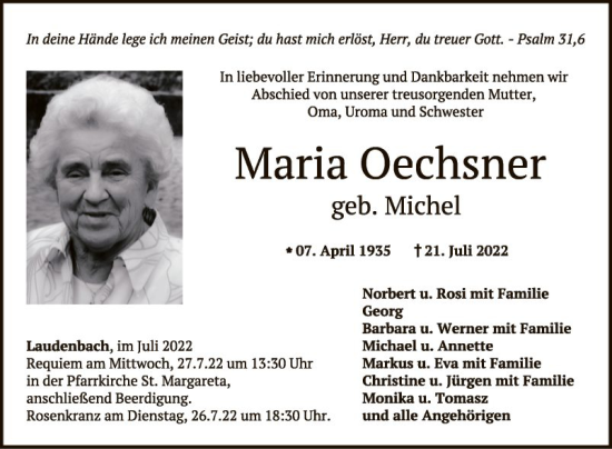 Traueranzeige von Maria Oechsner von Fränkische Nachrichten