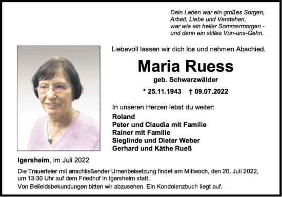 Traueranzeige von Maria Ruess von Fränkische Nachrichten