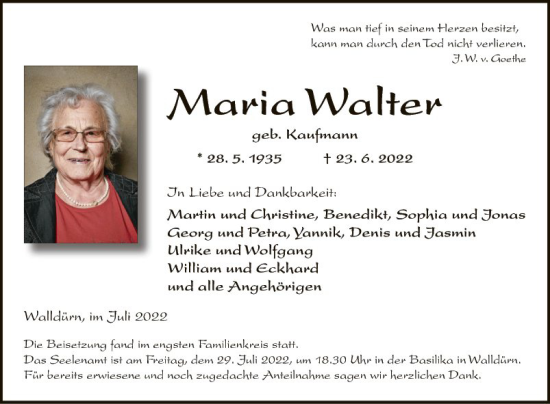 Traueranzeige von Maria Walter von Fränkische Nachrichten