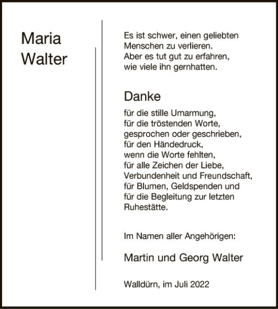 Traueranzeige von Maria Walter von Fränkische Nachrichten