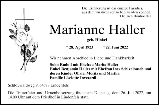 Traueranzeige von Marianne Haller von Bergsträßer Anzeiger